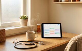 Einladende Hausarztpraxis-Szene mit Stethoskop, dampfendem Tee und digitalem Terminkalender