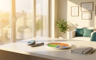 Moderne Arztpraxis mit Diabetesmanagement-Utensilien auf hellem Schreibtisch im Sonnenlicht