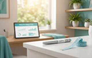 Moderne Arztpraxis mit GLP-1-Injektionspen und Maßband als Symbol für professionelle Adipositastherapie